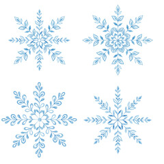 Watercolor painted snowflakes. Texture, frost. Set of watercolor snowflakes. Patterns. Print for fabric. Set of frames, border. Blue snow compositions. Winter, holidays. Christmas.