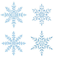 Watercolor painted snowflakes. Texture, frost. Set of watercolor snowflakes. Patterns. Print for fabric. Set of frames, border. Blue snow compositions. Winter, holidays. Christmas.