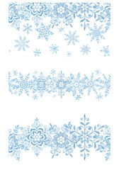 Watercolor painted snowflakes. Texture, frost. Set of watercolor snowflakes. Patterns. Print for fabric. Set of frames, border. Blue snow compositions. Winter, holidays. Christmas.