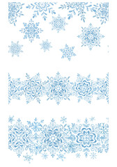 Watercolor painted snowflakes. Texture, frost. Set of watercolor snowflakes. Patterns. Print for fabric. Set of frames, border. Blue snow compositions. Winter, holidays. Christmas.