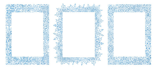 Watercolor painted snowflakes. Texture, frost. Set of watercolor snowflakes. Patterns. Print for fabric. Set of frames, border. Blue snow compositions. Winter, holidays. Christmas.