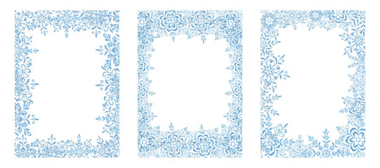 Watercolor painted snowflakes. Texture, frost. Set of watercolor snowflakes. Patterns. Print for fabric. Set of frames, border. Blue snow compositions. Winter, holidays. Christmas.