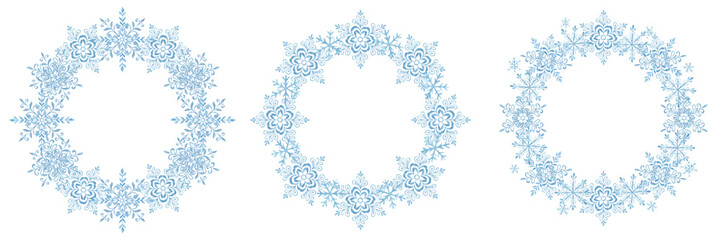 Watercolor painted snowflakes. Texture, frost. Set of watercolor snowflakes. Patterns. Print for fabric. Set of frames, border. Blue snow compositions. Winter, holidays. Christmas.
