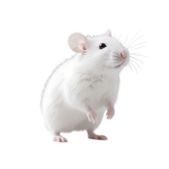 A white laboratory rat standing on its hind legs in a well-lit, clean environment for scientific study.
