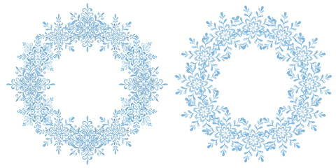 Watercolor painted snowflakes. Texture, frost. Set of watercolor snowflakes. Patterns. Print for fabric. Set of frames, border. Blue snow compositions. Winter, holidays. Christmas.