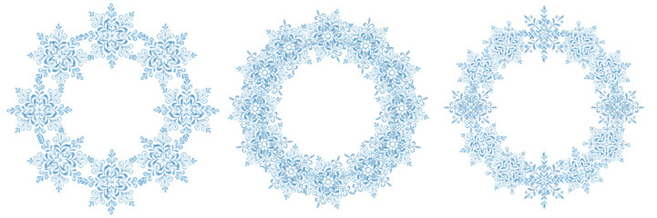 Watercolor painted snowflakes. Texture, frost. Set of watercolor snowflakes. Patterns. Print for fabric. Set of frames, border. Blue snow compositions. Winter, holidays. Christmas.