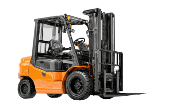 Orange forklift, side view
