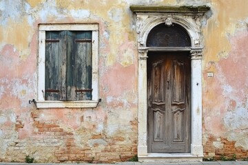 Fototapeta premium Weathered wooden door on rustic wall with exposed bricks. AI generated
