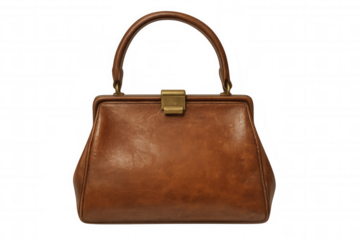 Vintage brown leather handbag with frame closure and top handle, classic fashion accessory, transparent background