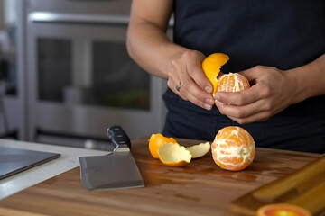 Chef cook cutting fresh orange for fruit salad on wooden cut board