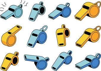 Cartoon whistles, colorful sports icons, sound signal, blue yellow light blue, keychain loop, bold outline, vector, design, grid