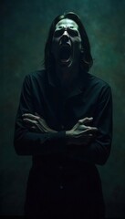 Shadowy Figure in Silent, Unsettling Laughter A Macabre, Darkly Comedic Surreal Image