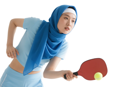 A young woman in hijab is actively playing table tennis with a paddle, focusing on the ball.