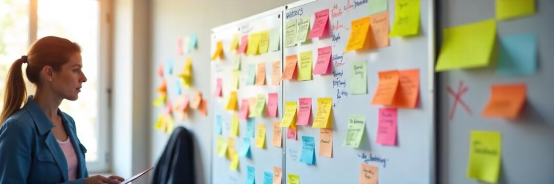 Team Brainstorming Session Colorful Sticky Notes and Innovative Ideas on Whiteboard