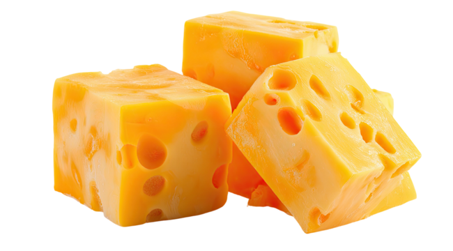 Three cheese cubes, golden yellow, holes