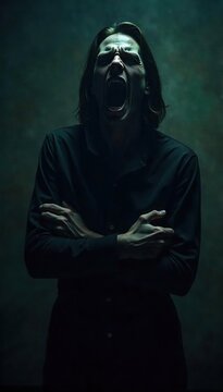 Shadowy Figure in Silent, Unsettling Laughter A Macabre, Darkly Comedic Surreal Image