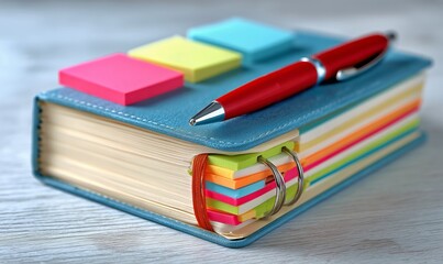 Fototapeta premium Brightly Colored Sticky Notes Surround a Blue Notebook and Red Pen on a Grey Table During Study Time