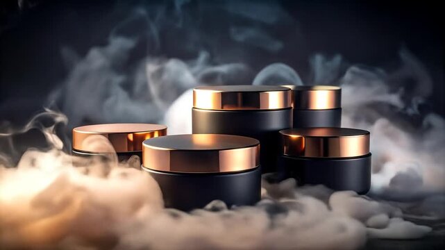 Elegant Cosmetic Jars in Smoky Ambiance - A Luxurious Presentation.