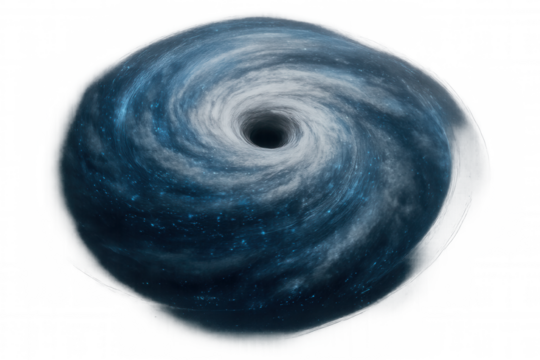 Blue vortex swirling, creating a cosmic galaxy or black hole effect with dynamic energy, on transparent background