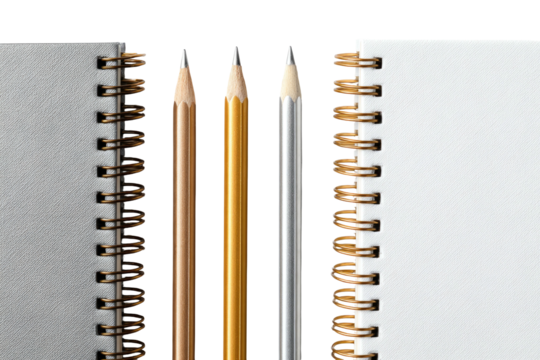 Three pencils beside spiral-bound notebooks
