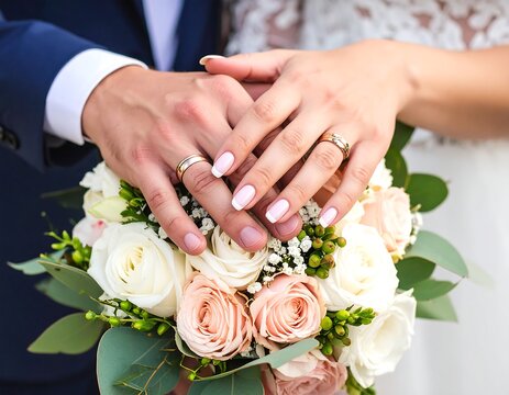 Close-up of intertwined hands with wedding rings above a floral bouquet