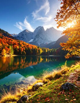 Autumnal scenic vista, showing lake, mountains, and vibrant fall foliage