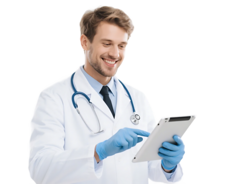 A male doctor in white coat uses tablet for medical info, showing professional healthcare scene.