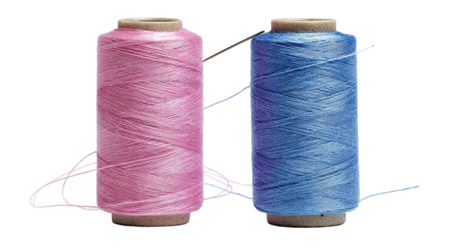 Two spools of thread, pink and blue