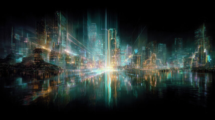 Abstract digital cityscape with vibrant neon lights and reflections on dark water at night