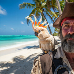 Pirate with citron cockatoo on shoulder on tropical beach paradise sunny day adventure