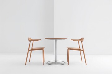 Fototapeta premium Minimalist table and chairs in a bright white studio space, ideal for modern interiors, furniture stores, or collaborative workspaces design mockups