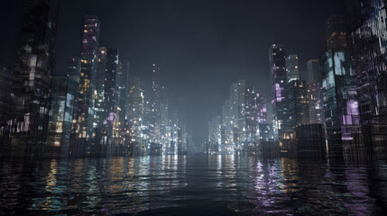 Mysterious futuristic cityscape with glowing lights reflected on a dark water surface at night