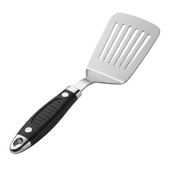 Stainless Steel Slotted Spatula Turner with Black Handle Kitchen Utensil Cooking Flipper on transparent background