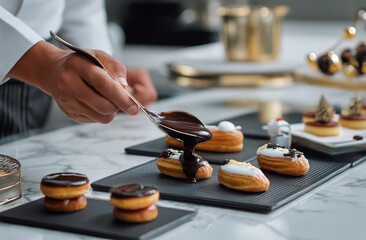 Chef Drizzles Chocolate on Gourmet Donuts in Modern Kitchen Setting