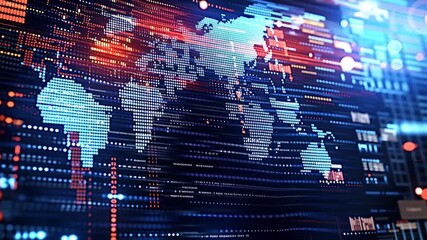 Glowing dotted world map with flowing data streams and stats over a futuristic blue interface, symbolizing global networks, digital communication, big data and financial markets - Powered by Adobe