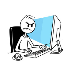 A man working late at his desk, illuminated by his computer screen, shows determination.