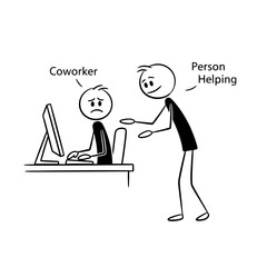 Two stick figures in office setting, one helping a troubled coworker - Concept of Work and Career  