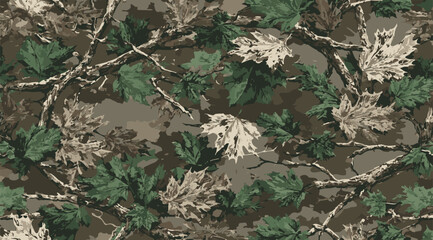 Leaves hunting camouflage pattern. Forest camouflage. Tree branches, leaves, acorns, Christmas trees. Pattern for clothing, various products.