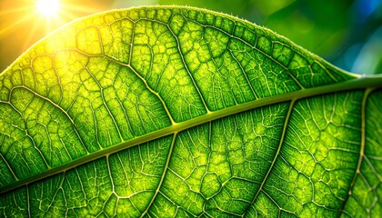 Close-up of a vibrant green leaf, sunlit veins visible, with a brilliant sun flare