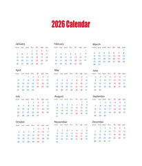 2026 calendar page layout isolated on white background