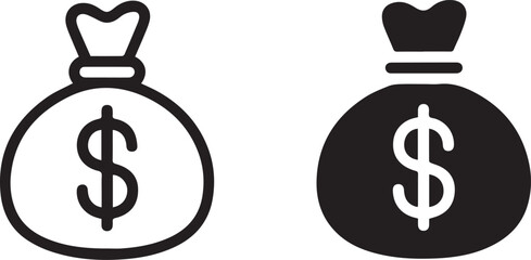 stylized money bag icons set with outlined and solid versions for finance branding and app design, vector ai eps jpeg png