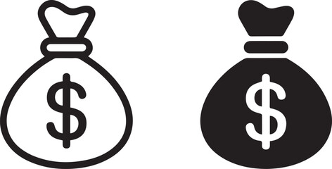 money bag icon duo outline and filled styles perfect for banking, savings, finance apps, logos, and web design vectors