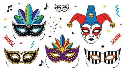 Colorful carnival masks collection with decorative elements
