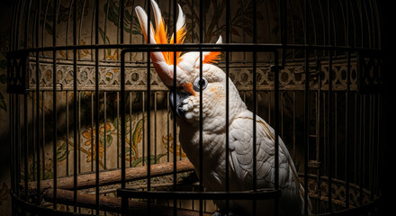 Captive citron cockatoo with striking crest perched inside a cage with natural textures