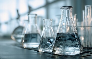 Laboratory Equipment With Clear Liquids Arranged on a Workbench in a Scientific Facility