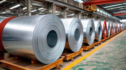 Rolls of steel sheet in a warehouse, ready for industrial use