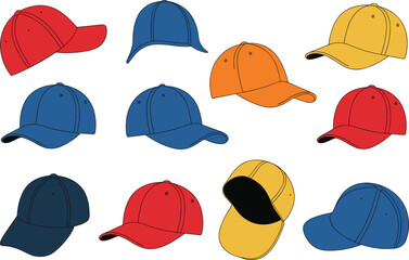 Baseball cap collection, colorful headwear design, fashion accessory set, stitched panels, casual style, vector illustration, product display