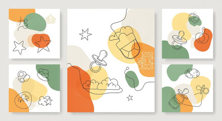 A set of six square illustrations of abstract colored spots in a modern minimalist style, with painted children's objects: a pacifier, a rattle, a bottle, clouds, etc. Soft geometry of the first memor