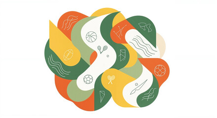 A modern abstract illustration consisting of smooth, intersecting organic shapes in a muted palette of green, yellow and orange hues, and minimalistic icons of sports symbols are located inside the fi