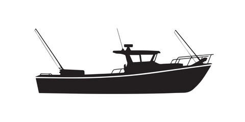 Naklejka premium commercial fishing boat silhouette vector artwork cabin radar outriggers nautical and maritime design